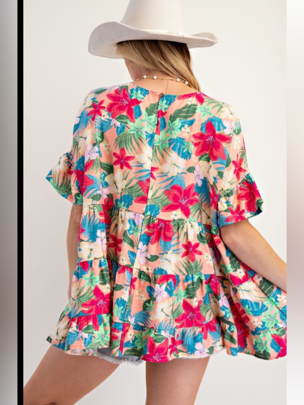 878 1-G 🏝️EASEL FLORAL PRINTED WOVEN BABYDOLL TUNIC - Picture 2 of 3
